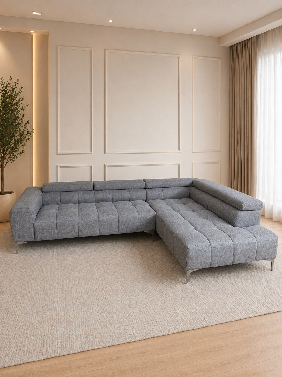 Cassie Grey Corner Sofa W/ extendable head rests