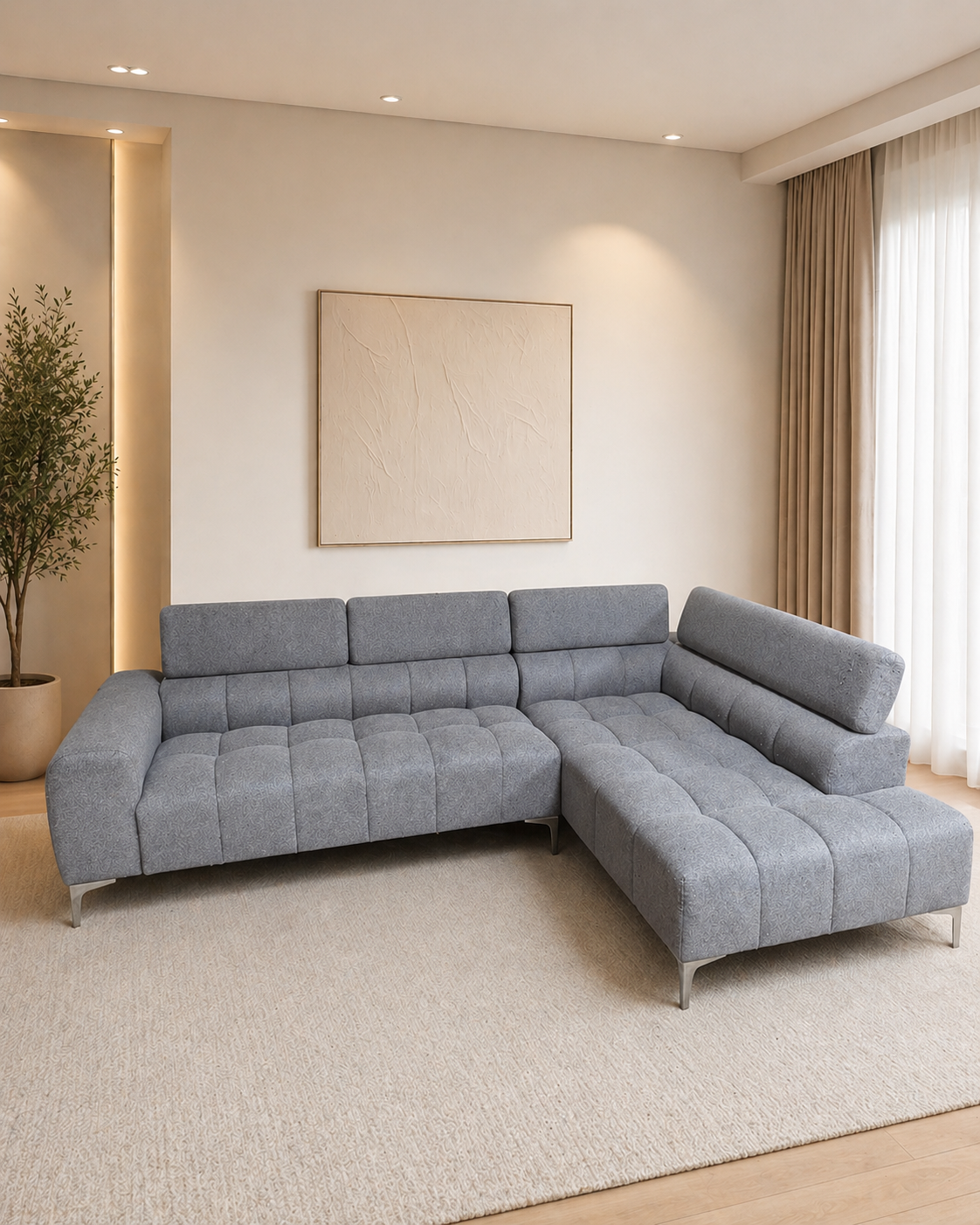 Cassie Grey Corner Sofa W/ extendable head rests