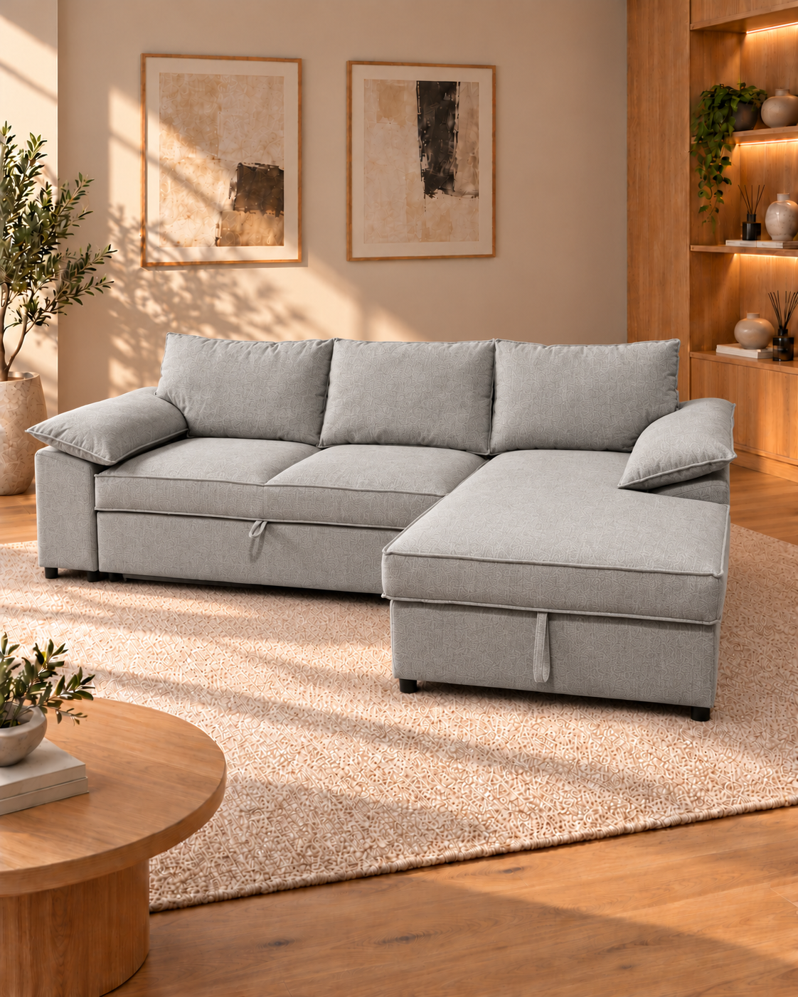 Como Corner Sofa Bed with Storage – Grey Basket Weave Linen (right-hand facing)