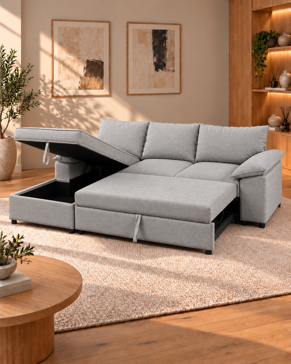 Como Corner Sofa Bed with Storage – Grey Basket Weave Linen (Left-hand facing available)