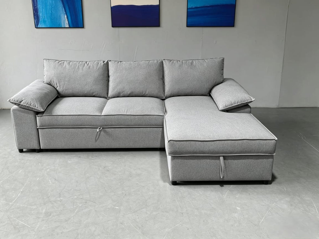 Como Corner Sofa Bed with Storage – Grey Basket Weave Linen (right-hand facing)