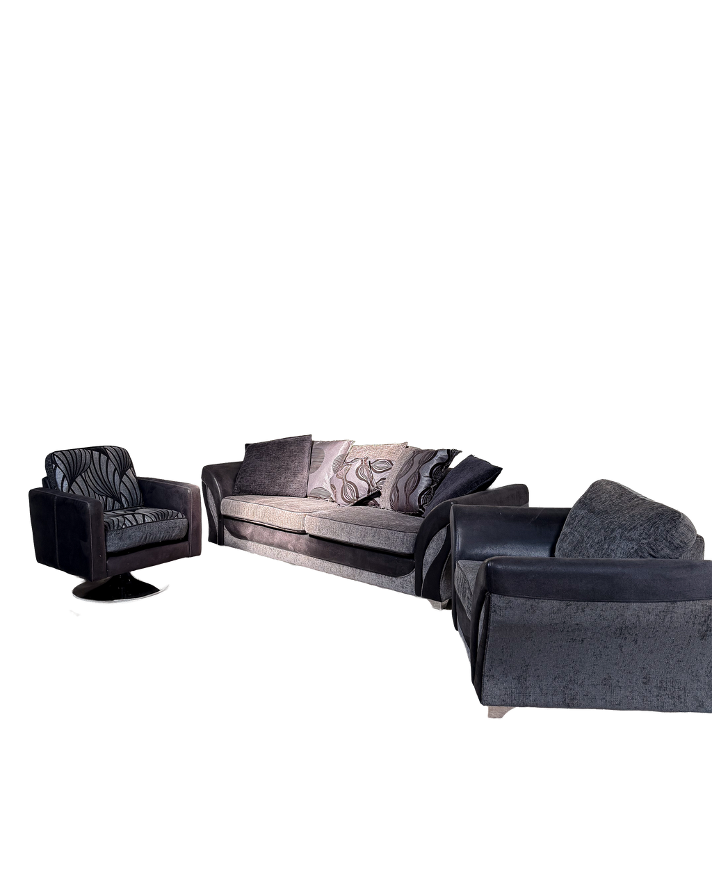 Grey four seater + Swivel Chair + Arm chair