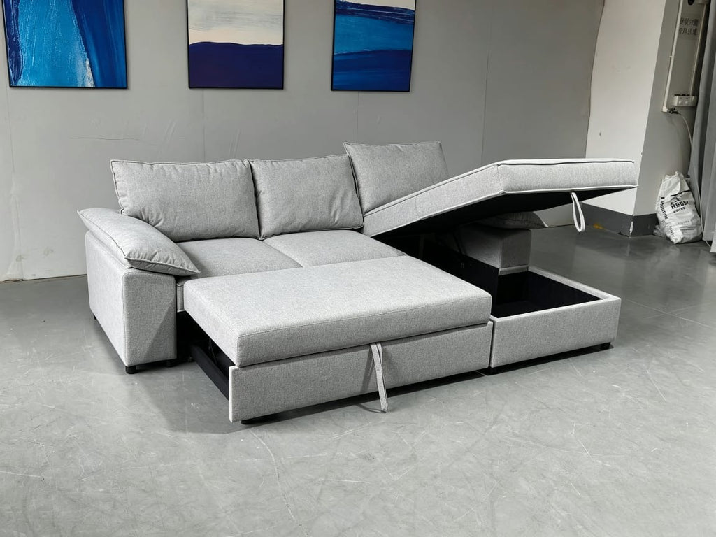 Como Corner Sofa Bed with Storage – Grey Basket Weave Linen (right-hand facing)