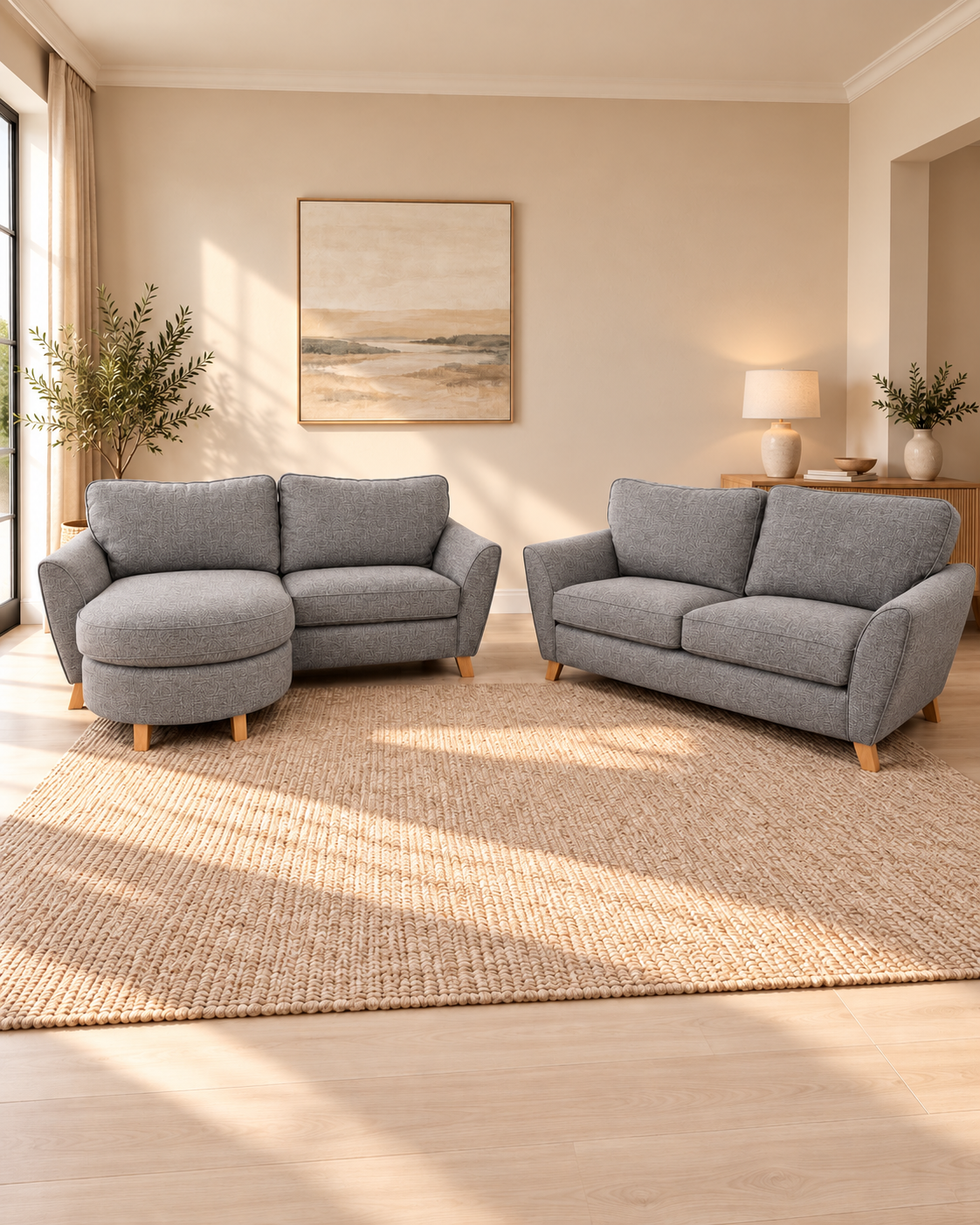 Denise 3 Seater Chaise & 2 Seater Sofa Set – Grey