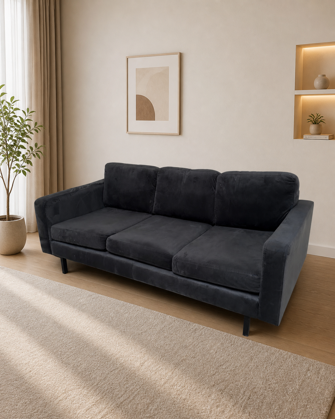 Suede Black Fabric 3 Seater
