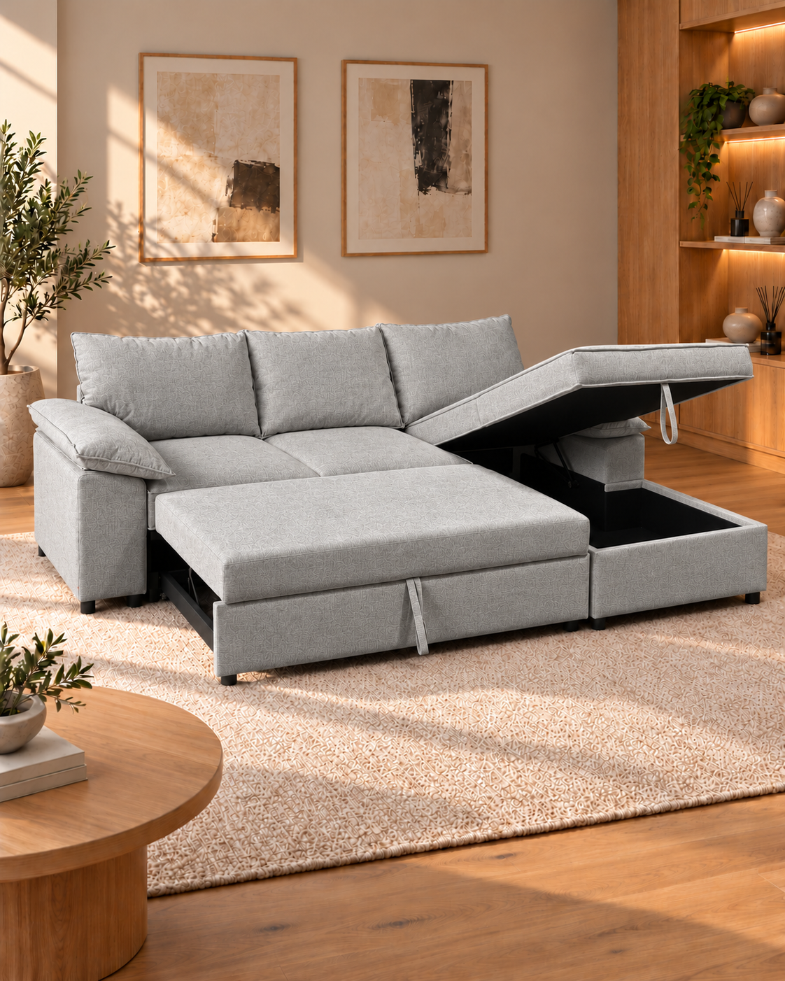 Como Corner Sofa Bed with Storage – Grey Basket Weave Linen (right-hand facing)