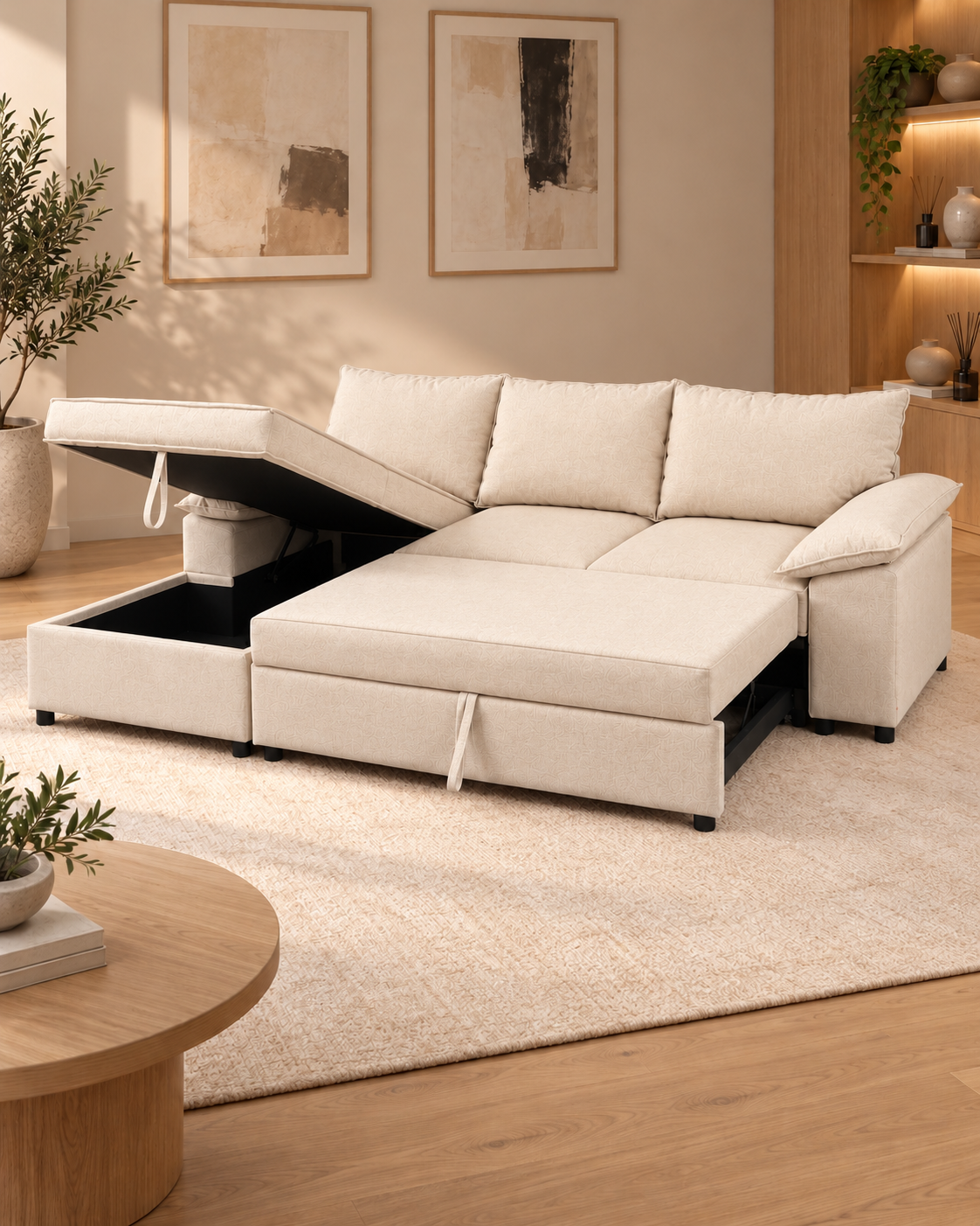 Como Corner Sofa Bed with Storage – Beige Basket Weave Linen (Left-hand facing available)