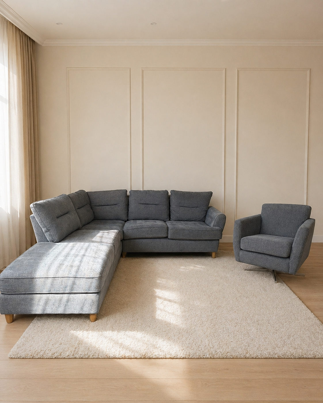 Grey Corner Sofa with Footstool & Swivel Chair