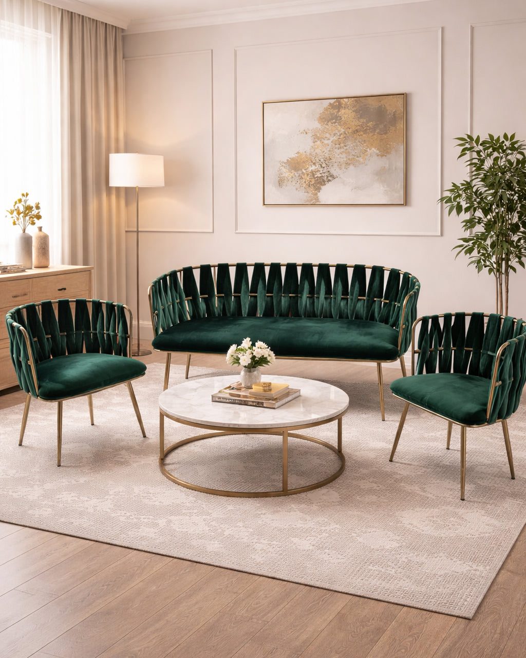 Emerald Green Velvet 3-Piece Suite