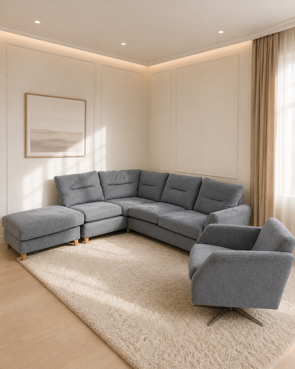 Grey Corner Sofa with Footstool & Swivel Chair
