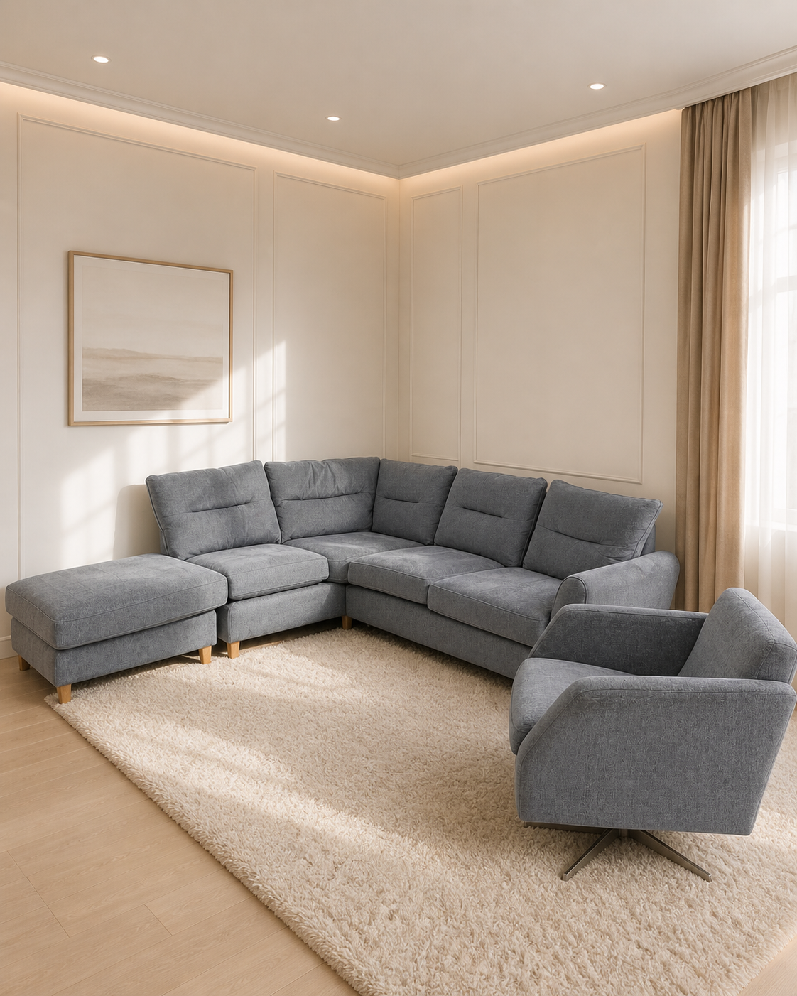 Grey Corner Sofa with Footstool & Swivel Chair