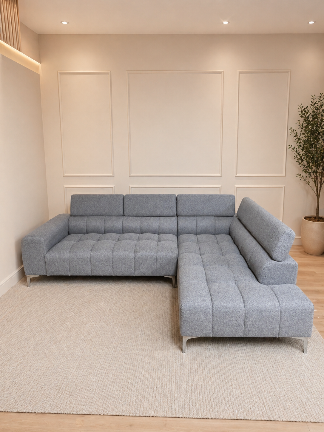 Cassie Grey Corner Sofa W/ extendable head rests