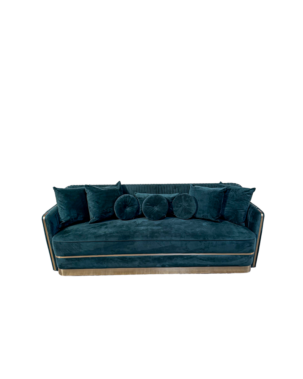 Dark Green Velvet Sofa – Deep green velvet sofa with gold base detailing.