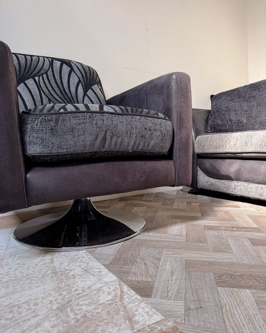 Grey four seater + Swivel Chair + Arm chair