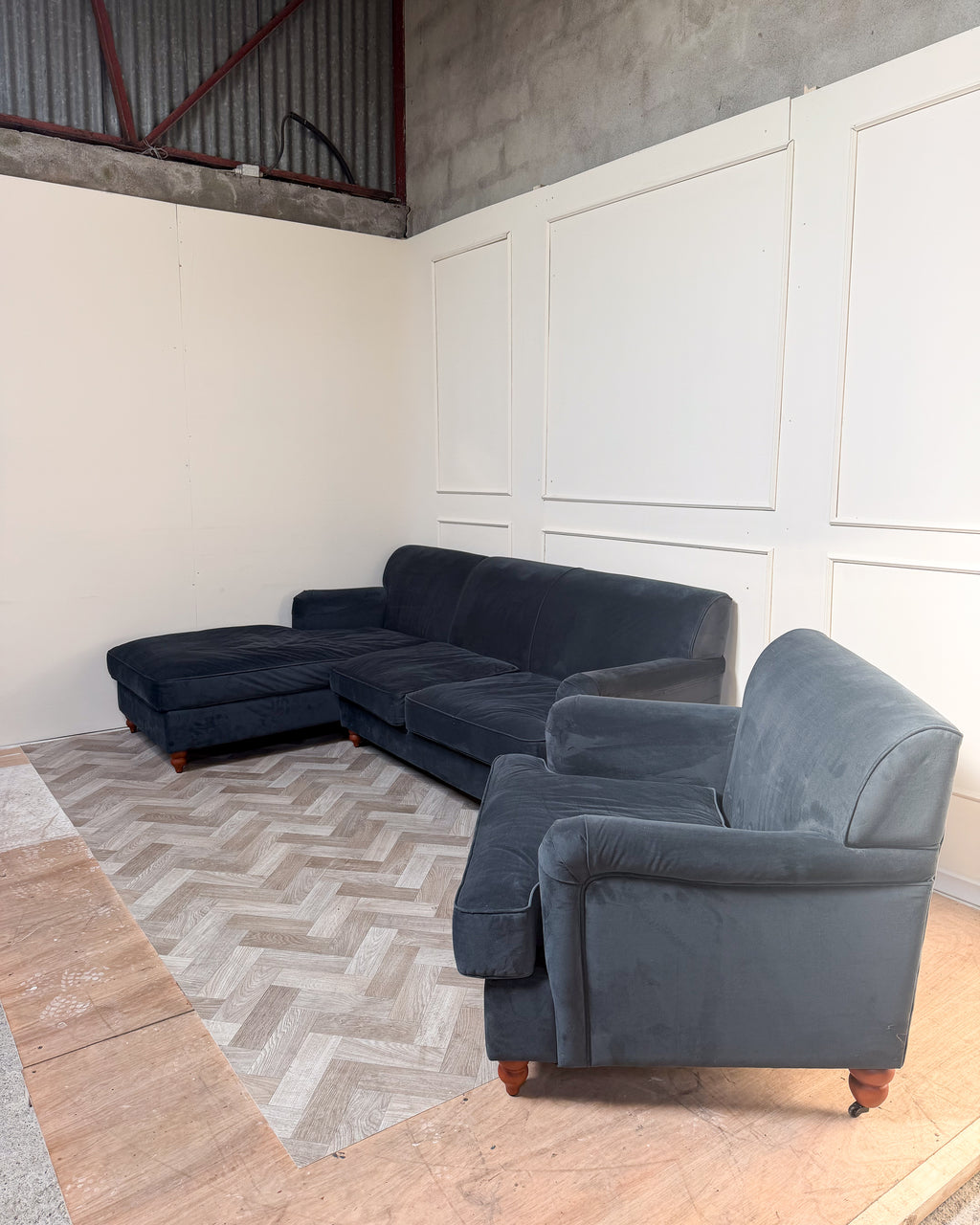 Dark Blue Corner Sofa + Arm Chair