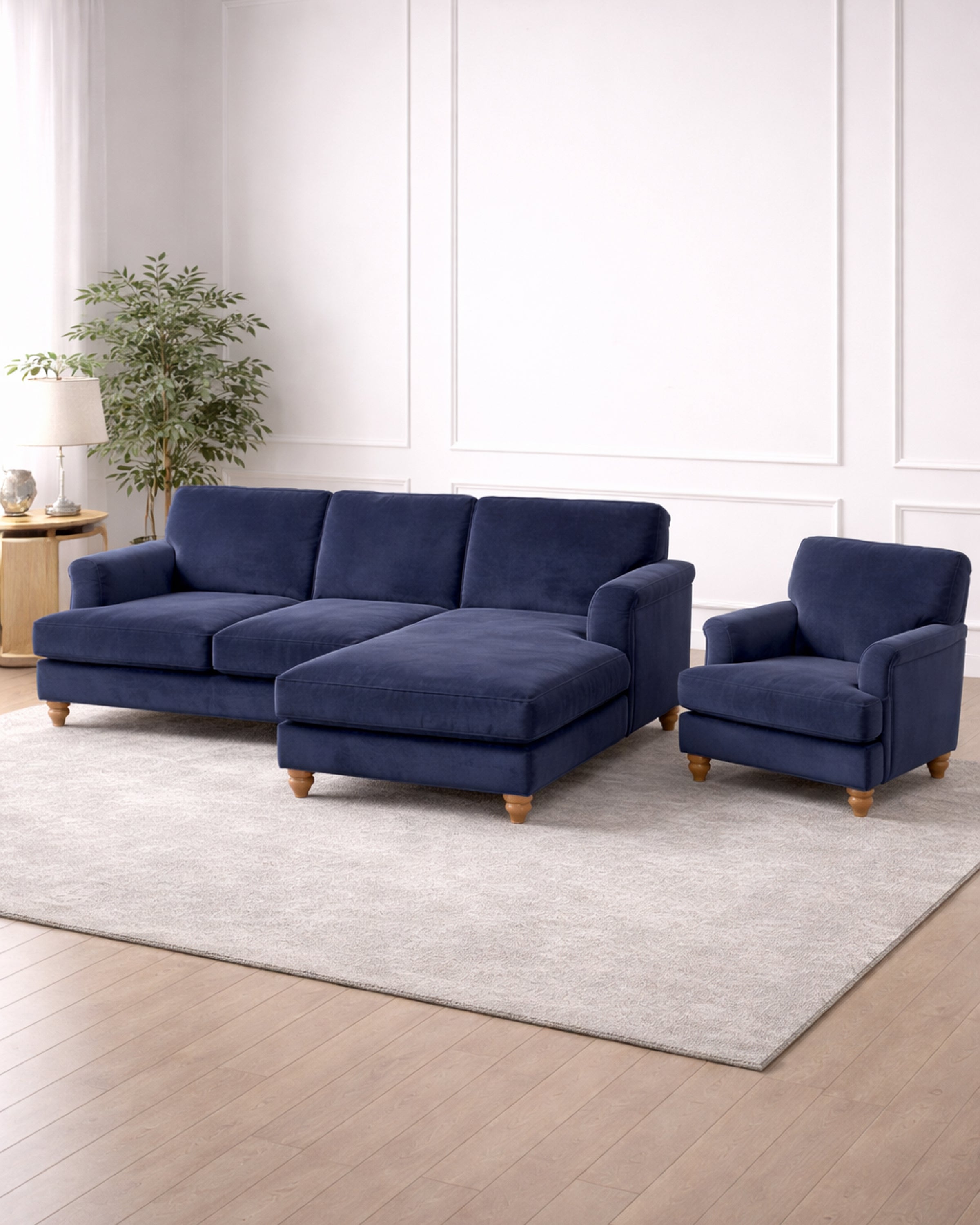 Dark Blue Corner Sofa + Arm Chair