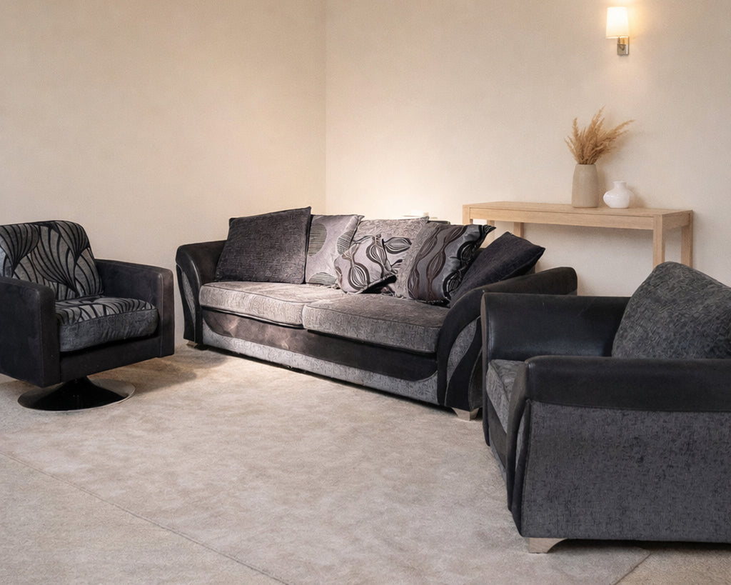 Grey four seater + Swivel Chair + Arm chair
