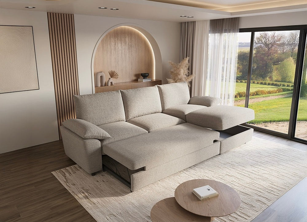 Como Left Hand Corner Sofa Bed with Storage – Cream Basket Weave Linen
