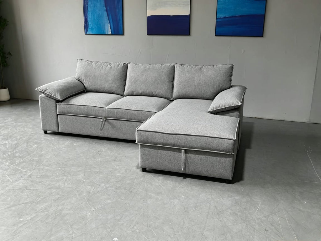 Como Corner Sofa Bed with Storage – Grey Basket Weave Linen (right-hand facing)
