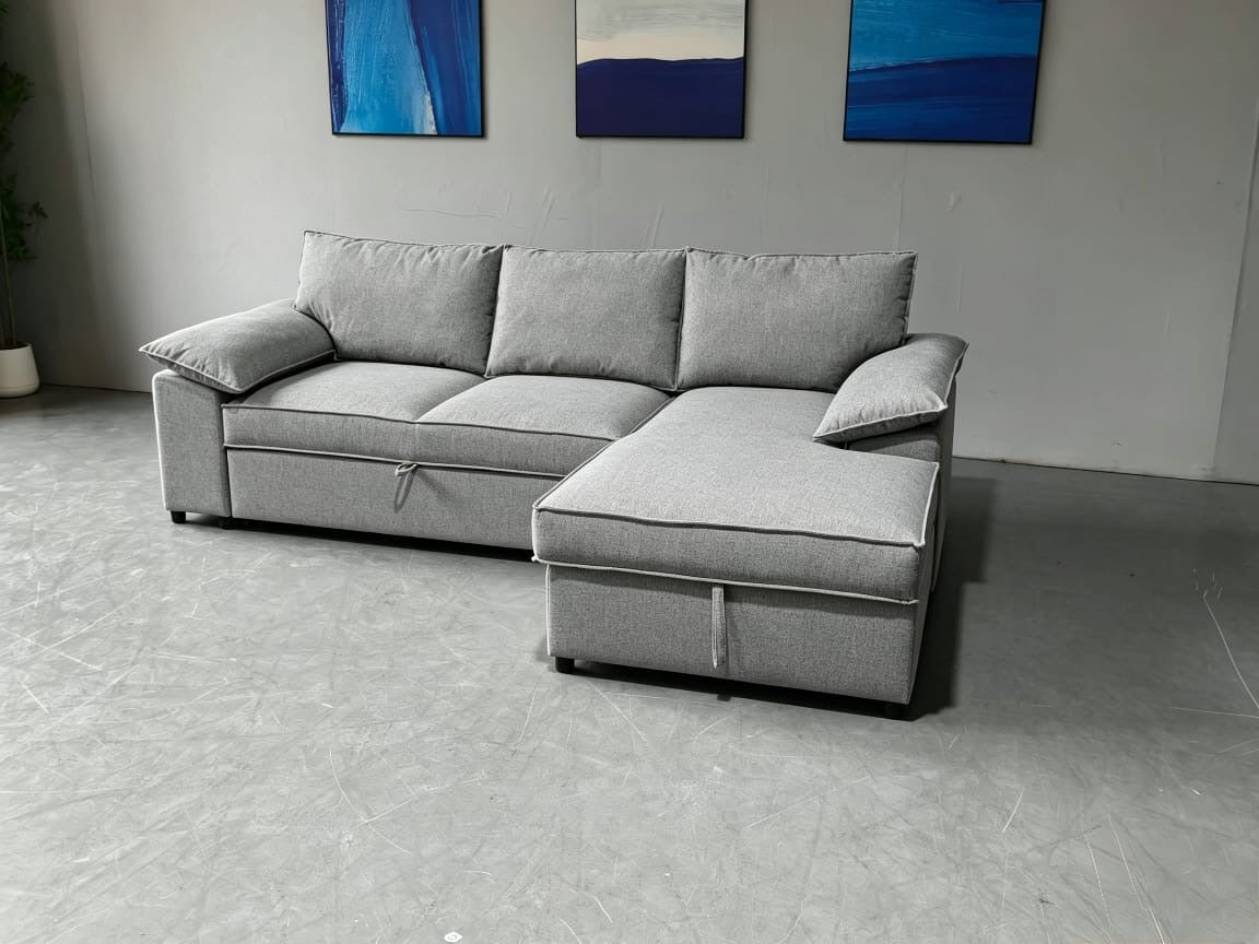 Como Corner Sofa Bed with Storage – Grey Basket Weave Linen (right-hand facing)